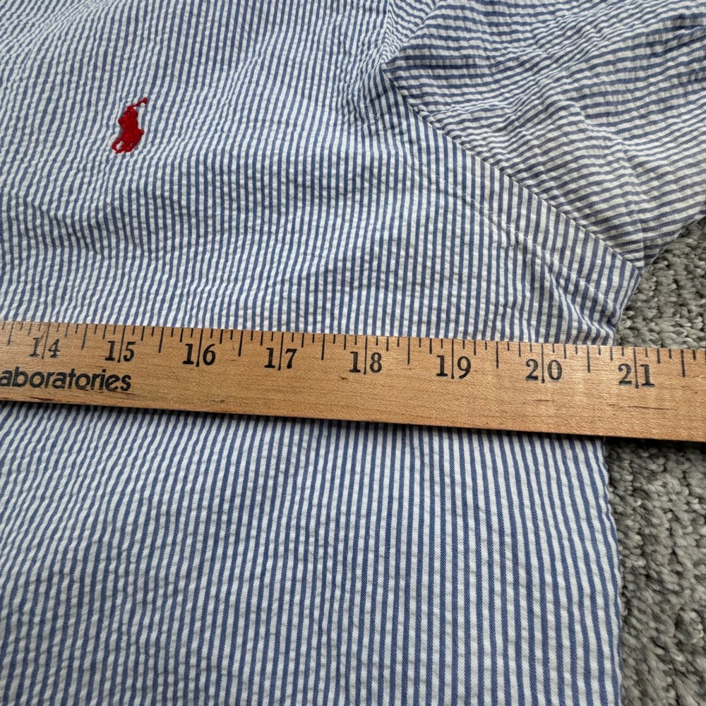 Ralph Lauren Button Down Shirt Mens M Blue Seersucker Striped Short Sleeve Pony - Picture 5 of 6